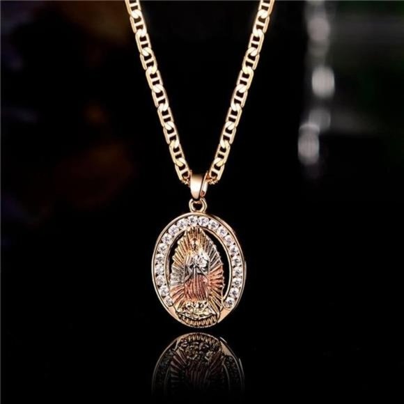 18K Gold Plated Three-Tone Crystal Mother Mary Pendant Necklace |  24 Inch - Picture 3 of 3